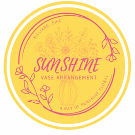 Yellow circular label with pink floral line art and the words "Sun Shine Vase Arrangement"