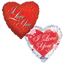 Two heart-shaped red balloons with "I Love You" text