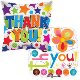 Two colorful thank-you balloons with stars and flowers