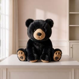 Black plush teddy bear sitting on a white table