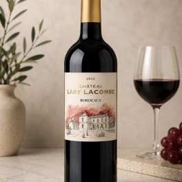 Bottle of red wine beside a glass of wine and grapes