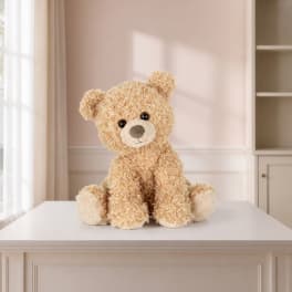 Plush teddy bear sitting on a white table
