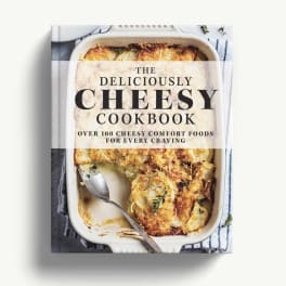Cookbook cover with a baked cheesy dish in a casserole pan