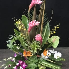 Tropical floral arrangement with pink ginger, orchids, and bird of paradise