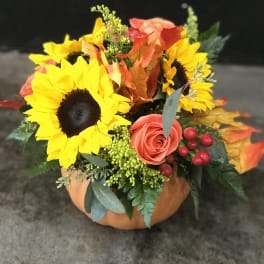 Pumpkin-shaped container with sunflowers, a coral rose, and autumn leaves
