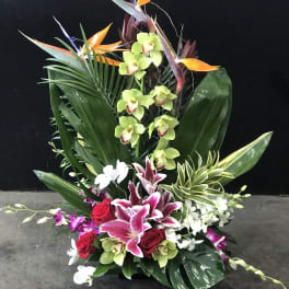 Tall tropical flower arrangement with orchids, roses, and bird of paradise