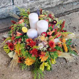 Harvest Arrangement with a Trio of Candles