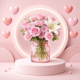 Pink bouquet with roses, carnations, daisies, and a white lily in a glass vase
