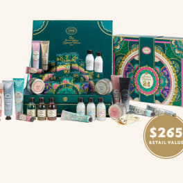 Assorted bath and body gift set in teal decorative boxes