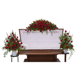 red rose casket spray with 2 matching urns