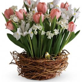 Pink tulips and white flowers in a twig basket