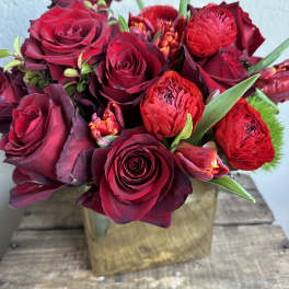 Red roses and ranunculus arranged in a square gold vase