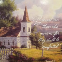 Quilted throw with a church scene and Bible verse text