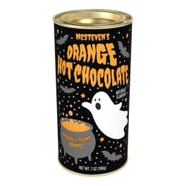 Halloween hot chocolate tin with a ghost and bats on a black label