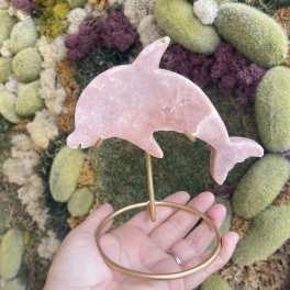 Hand holding a pink dolphin-shaped stone ornament on a gold ring stand