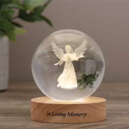 Crystal Keepsake In Loving Memory Angel Orb with Wooden LED Base