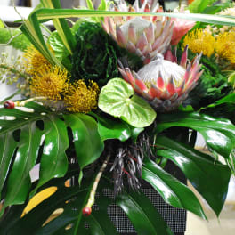 Tropical floral arrangement with protea and yellow pincushion blooms