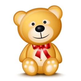 Cartoon teddy bear with a red ribbon on a white background