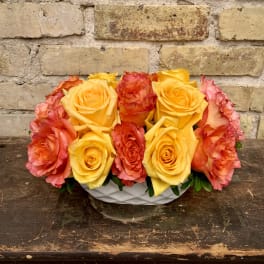 Yellow and coral roses arranged in a white bowl vase