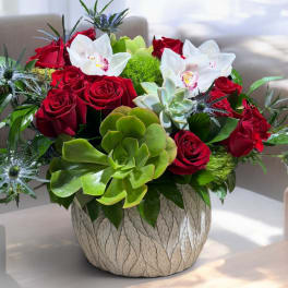 Red roses and white orchids arranged with succulents in a textured vase