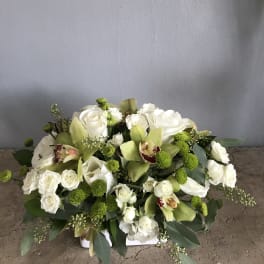 White roses and green orchids in a low floral arrangement