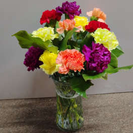 Colorful carnations arranged in a clear glass vase