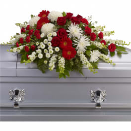 Red and white casket spray of mixed flowers on a silver casket