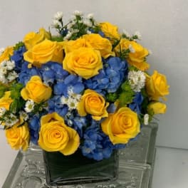 Yellow roses and blue hydrangeas in a square glass vase
