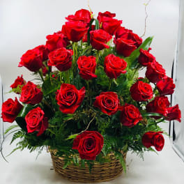 Basket of red roses with greenery