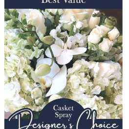 White casket spray with roses, orchids, and hydrangeas