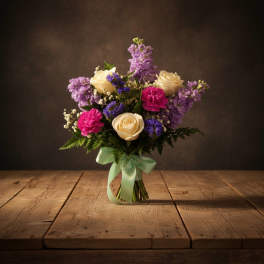 Bouquet of cream roses, pink carnations, and purple flowers tied with a mint ribbon