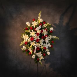 Classic White Lilies & Red Roses Easel Spray- Huntsville sympathy delivery