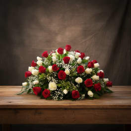 Casket Cover Of Red & White Roses Funeral Spray - Huntsville Sympathy Delivery