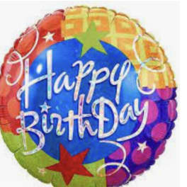 Round foil balloon with "Happy Birthday" text in bright colors