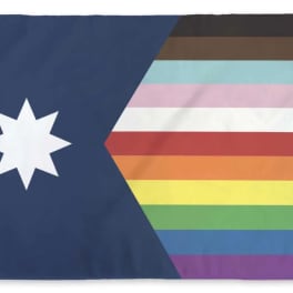 Rainbow-striped flag with a white star on a dark blue field