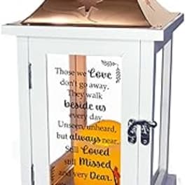 White memorial lantern with a printed quote and candle inside
