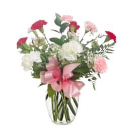 Bouquet of red, pink, and white carnations in a clear glass vase with a pink ribbon
