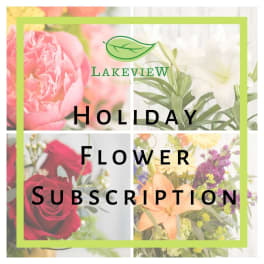 Holiday flower subscription graphic with roses, lilies, and mixed blooms