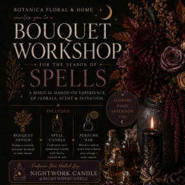 Poster for a bouquet workshop with dark floral arrangements and candles.