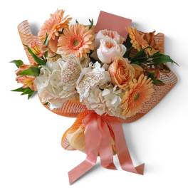 Peach and white bouquet with gerbera daisies, roses, and hydrangeas