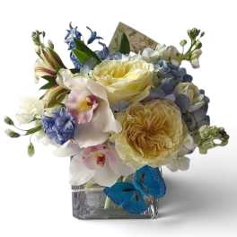 Bouquet of cream roses, blue flowers, and white orchids in a square glass vase