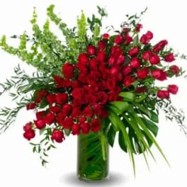 Tall glass vase filled with many red roses and tall green floral accents in a fan-shaped arrangement.