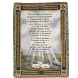 Religious tapestry throw with 23rd Psalm text, rays of light, and sheep in a pastoral scene
