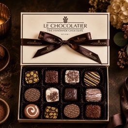 Box of assorted chocolates tied with a brown ribbon