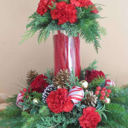 Holiday floral arrangement with red carnations and pinecones in a tall glass vase