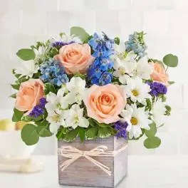 Peach roses and white daisies in a wooden box with blue flowers