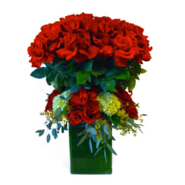 Red Roses & Green Hydrengeas Standing Tall - My Beverly Hills Florist
