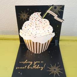 Pop-up birthday card with a cupcake and gold fireworks accents
