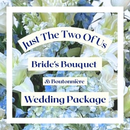 Wedding package graphic over white and blue flowers