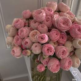 Bouquet of pink ranunculus in a clear glass vase